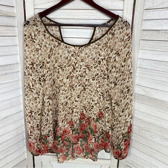 Blu Pepper Leopard Roses Print Sheer Blouse Small Beige Red Back Cutout - Picture 7 of 10